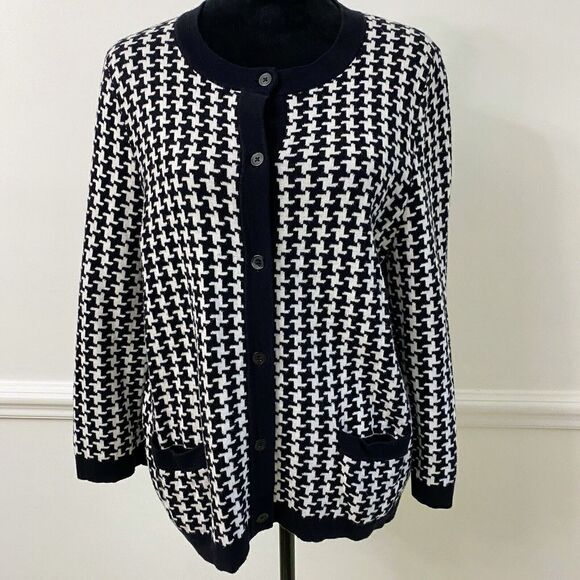 Lands' End Houndstooth Black White Cardigan Sweater Womens L/P Large Petite - Picture 1 of 10